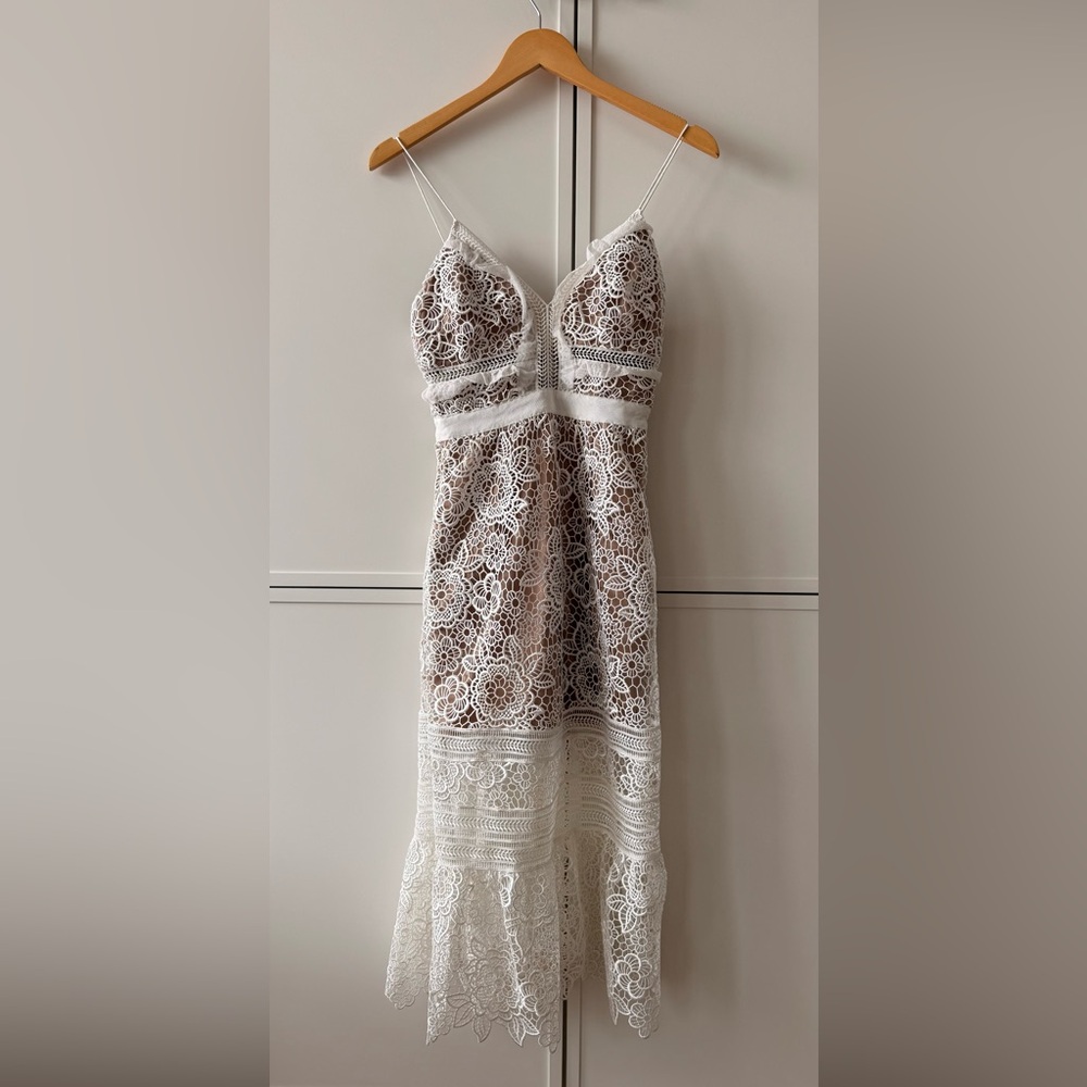 Self-Portrait White Crochet Lace Midi Dress with Nude Underlay